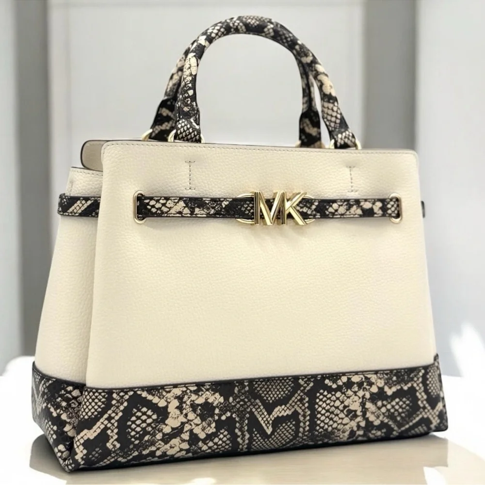 Michael Kors Large Reed CZ Belted Satchel Bag Light Cream Multi